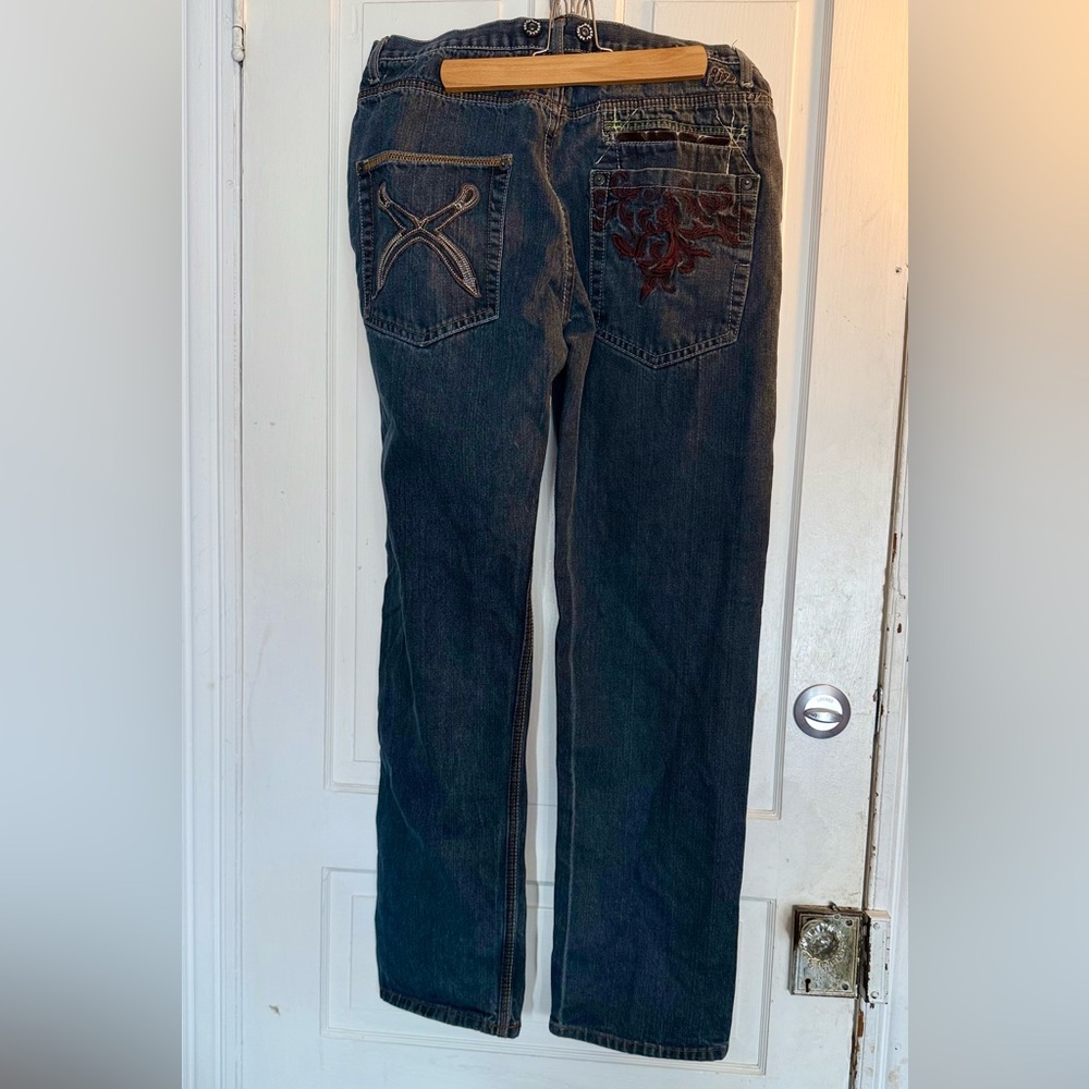 Artful Dodger Mens 34 Embroidered Jeans Grunge Skate Streetwear Distressed Y2K